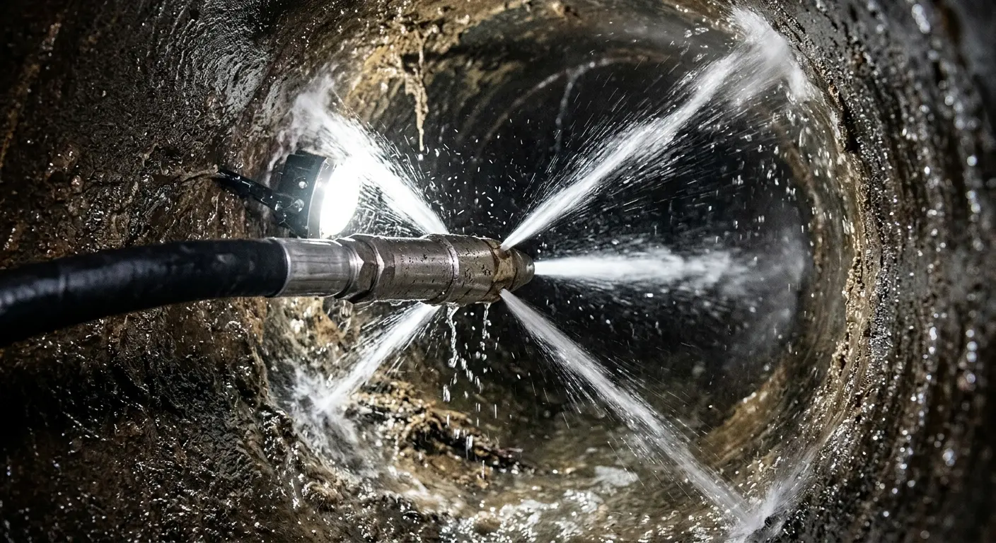 High-pressure hydro jetting nozzle cleaning sewer pipe for Trenchless Sewer Repair in Penitas