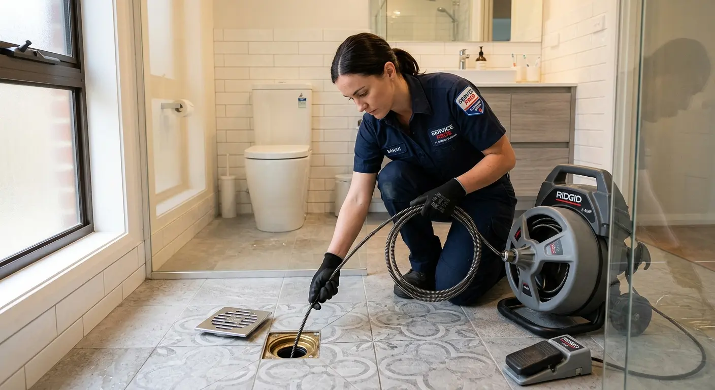 Technician clearing a bathroom floor drain for Drain Cleaning in Penitas